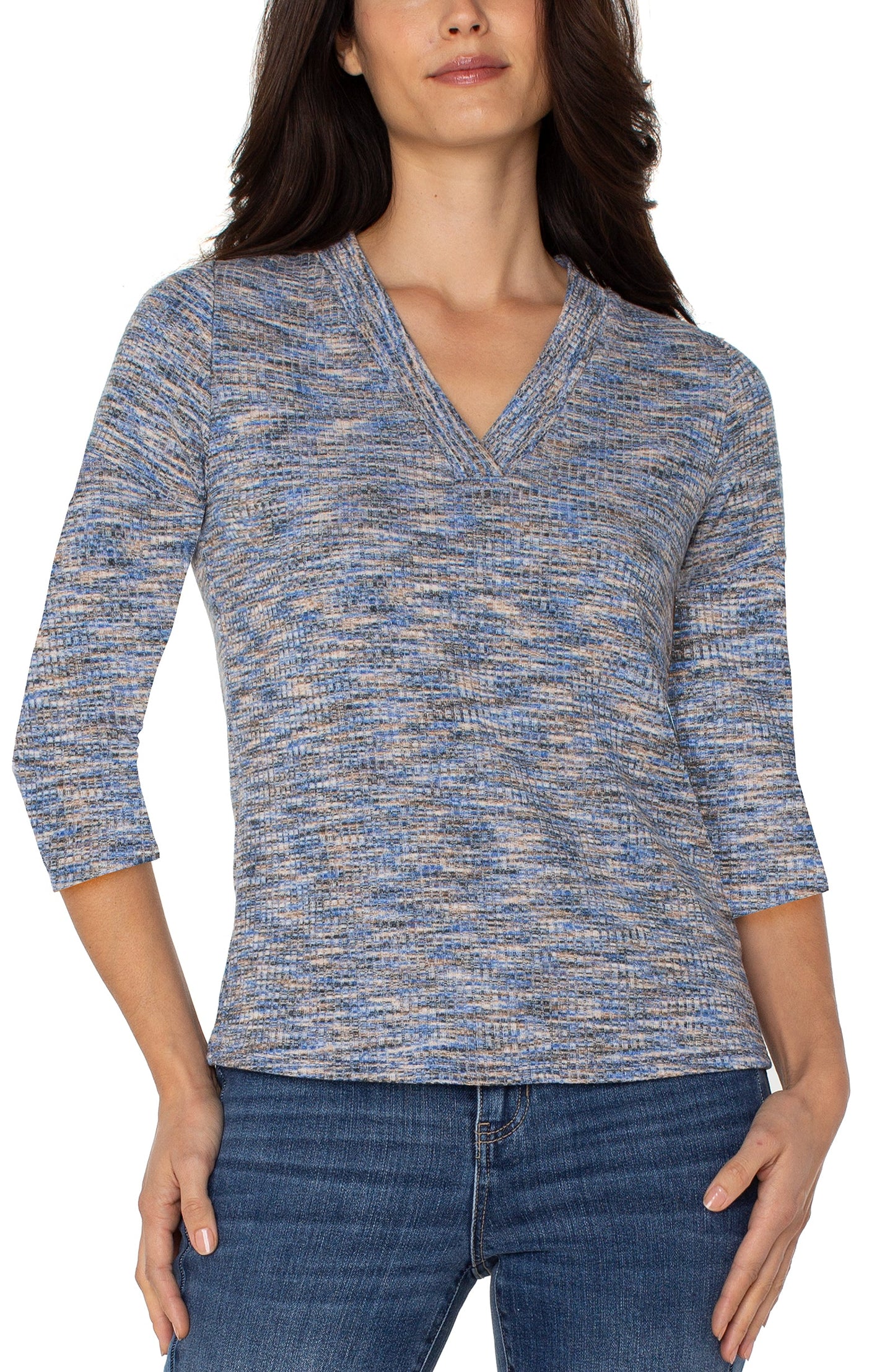 Liverpool 3/4 Sleeve V-neck Knit Tee (Blue Spacedye)