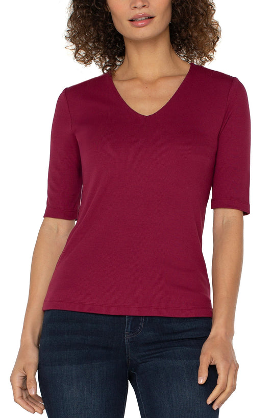 Liverpool Double Layer V-neck Rib Knit Top (Cherry)
