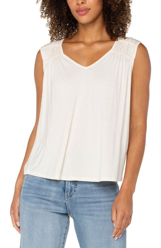Liverpool Sleeveless Shirred Detail Knit Top (Whipped Cream)