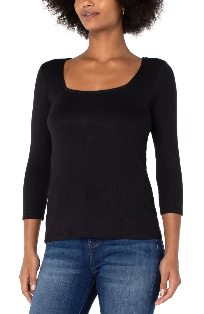 Liverpool Square Neck 3/4 Sleeve Rib Knit Top (solid)