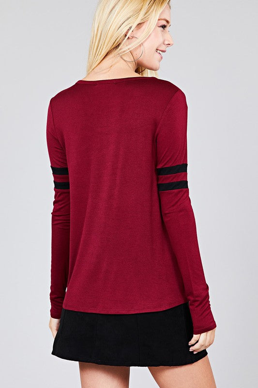 Long Sleeve w/Dbl Stripe V-Neck Basic Tee