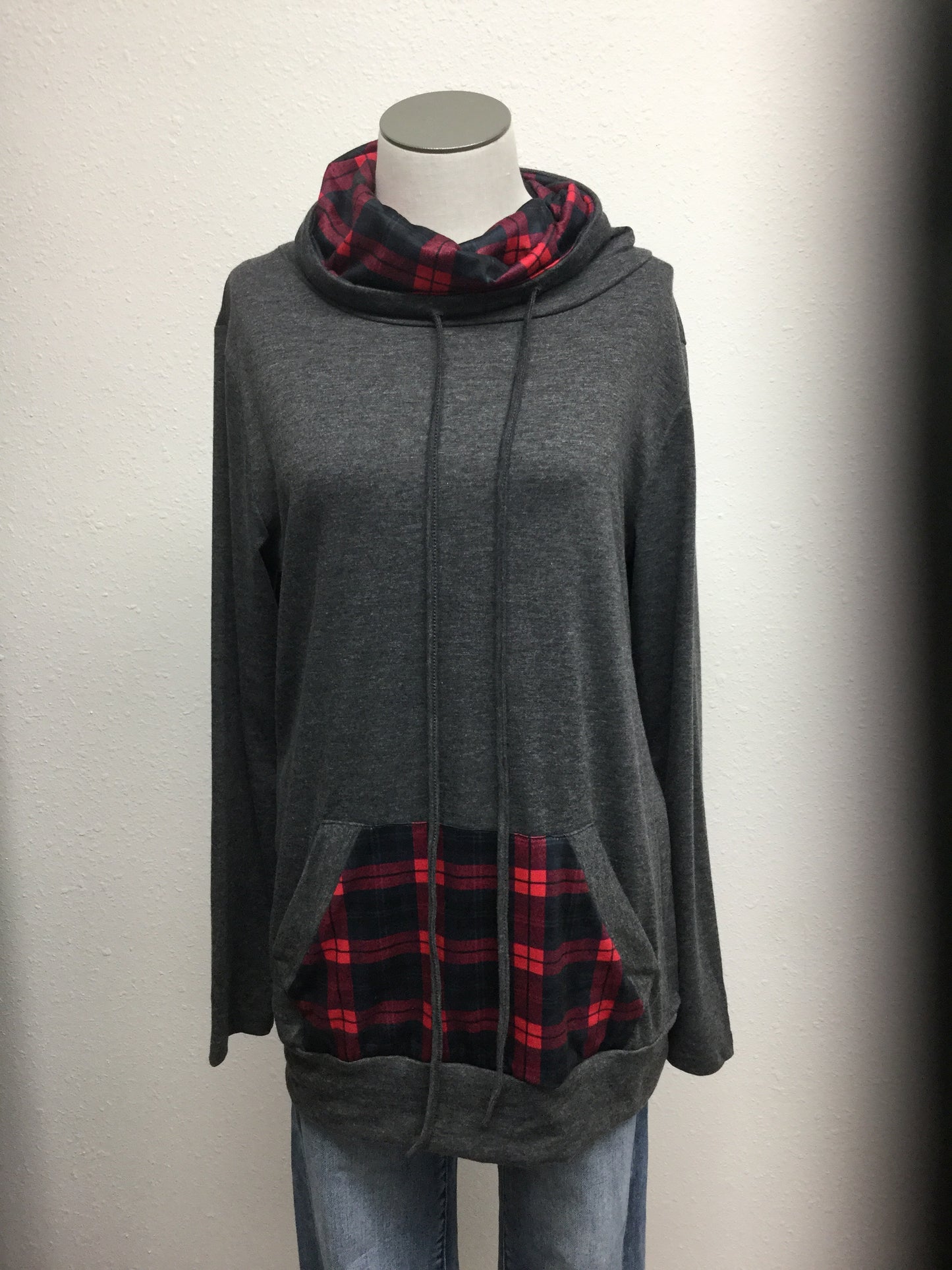 Tunic style top with plaid cowl neck & pocket detail