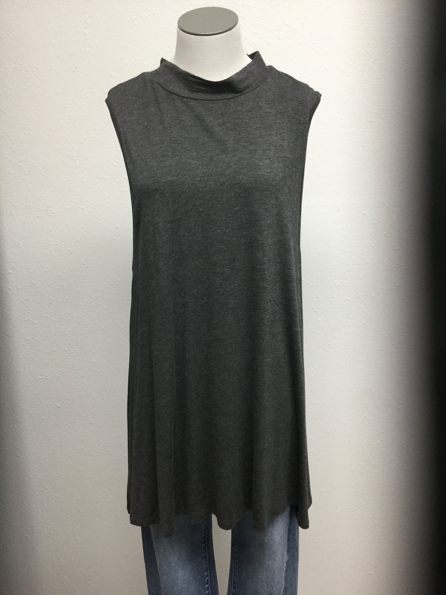 RS-189X-T Charcoal Knit Solid Sleeveless Mock Neck Top