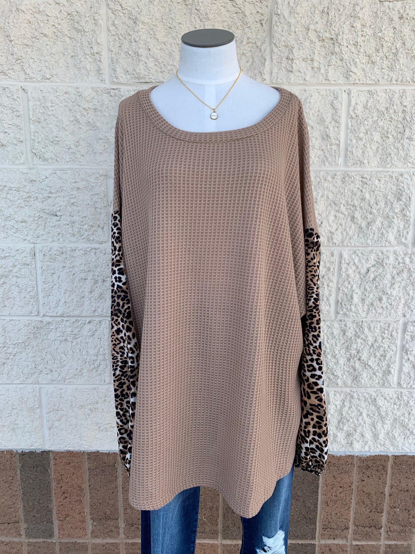 Waffle Print with Accenting Leopard Print Sleeves