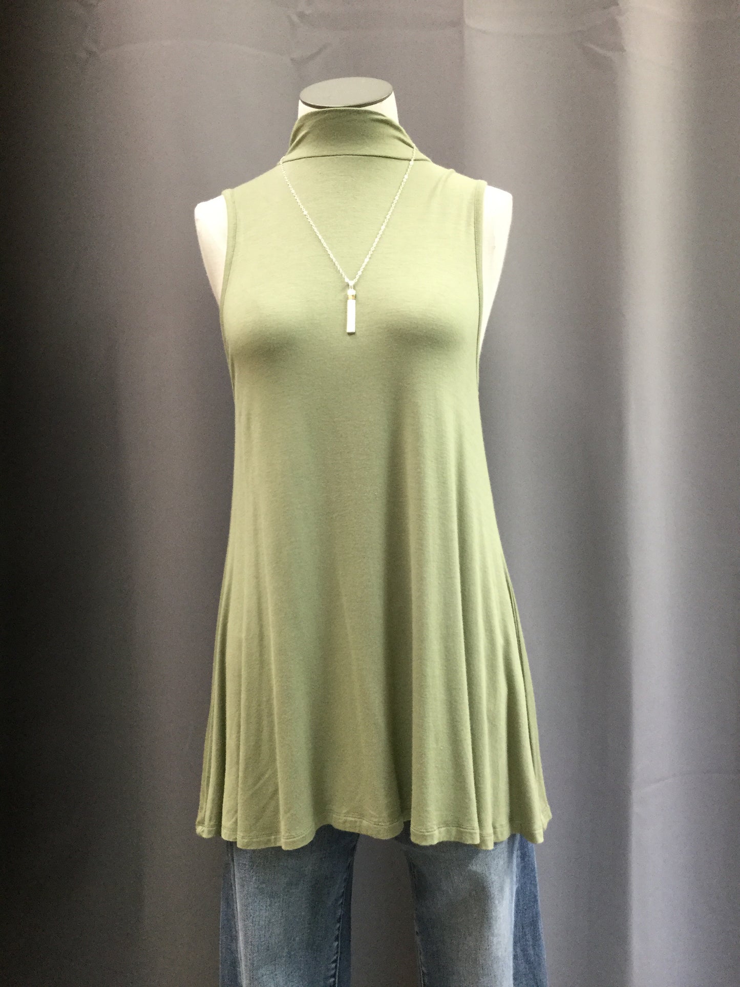Olive Knit Solid Sleeveless Mock Neck Top