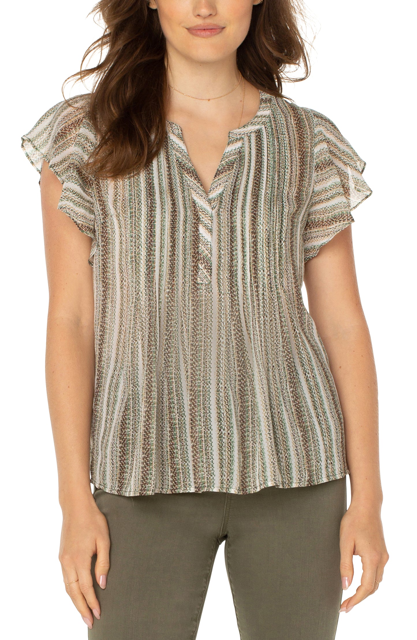Liverpool Flutter Sleeve Popover Blouse w/ Pin Tuck (allover painted stripe)